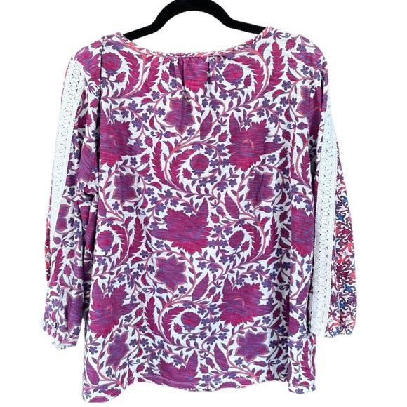 New Directions Boho Red & Beige 100% Cotton Tunic Top Floral Long Sleeve Blouse - Picture 3 of 5